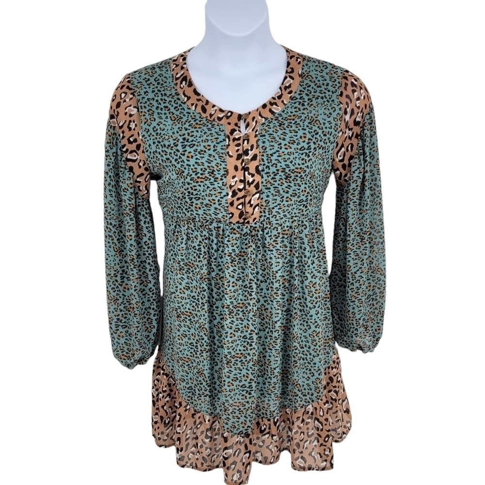 Umgee Longsleeve Teal/Tan Leapord Cheetah Print Lined Dress Size M
